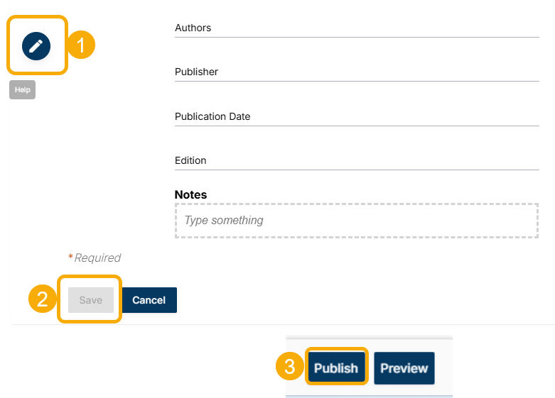 Select the pencil icon to edit (1), select the Save button to save (2), and then select Publish (3). 