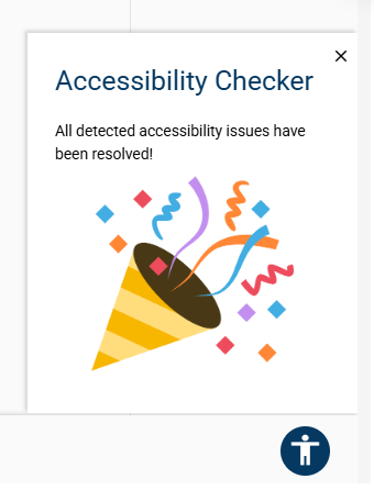 screenshot of the accessibility checker icon in Simple Syllabus with confetti and the text "all detected accessibility issues have been resolved!