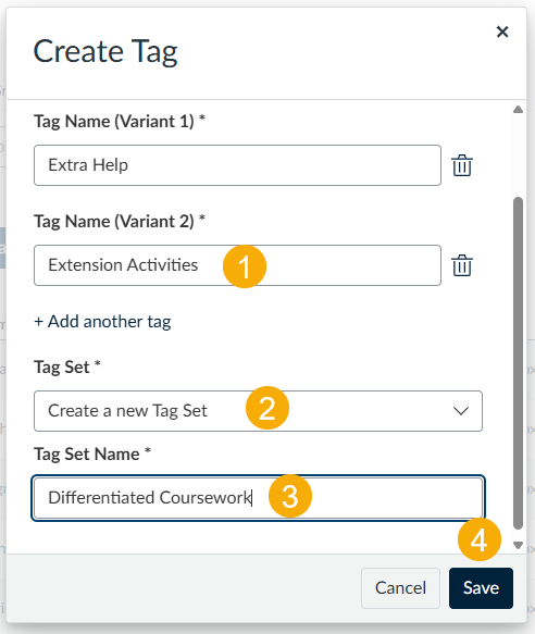 Create tag screen, showing a box to label each tag, then label the tag set, then save button./