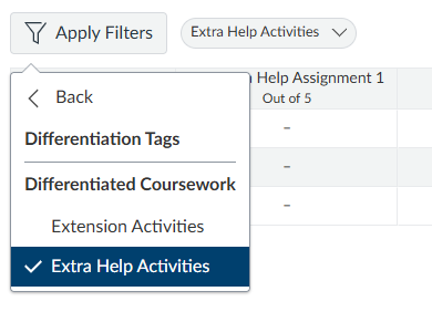 gradebook filtered by differentiation tag