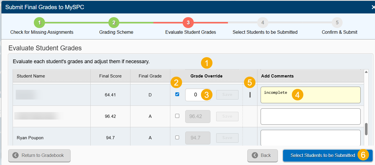 Navigate to the Grade Override column  Check the box next to the student whose grade you're overriding to assign an incomplete  Input a grade of 0 for the student.   Type and save a comment.  Verify the grade of I for incomplete.  Select the Select Students to be Submitted button at the bottom. 