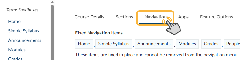 images shows user selecting Navigation in the Settings tab category.