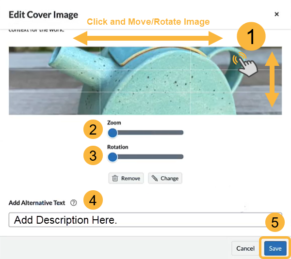 image shows "Edit Your Cover image" steps 1 through 5.
