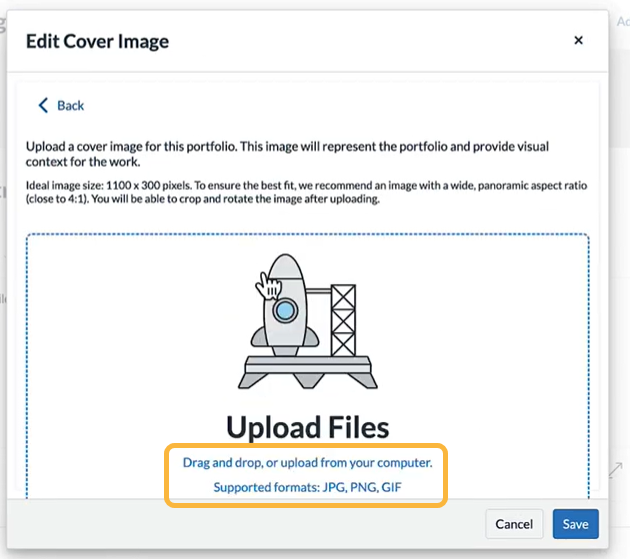 image shows upload image window and options for upload images