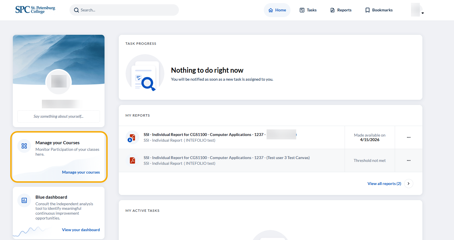 blue dashboard, with manage my courses box outlined for emphasis