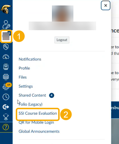 Inside Canvas, select your profile photo in the Global Navigation (1) and then select SSI Course Evaluation (2). 
