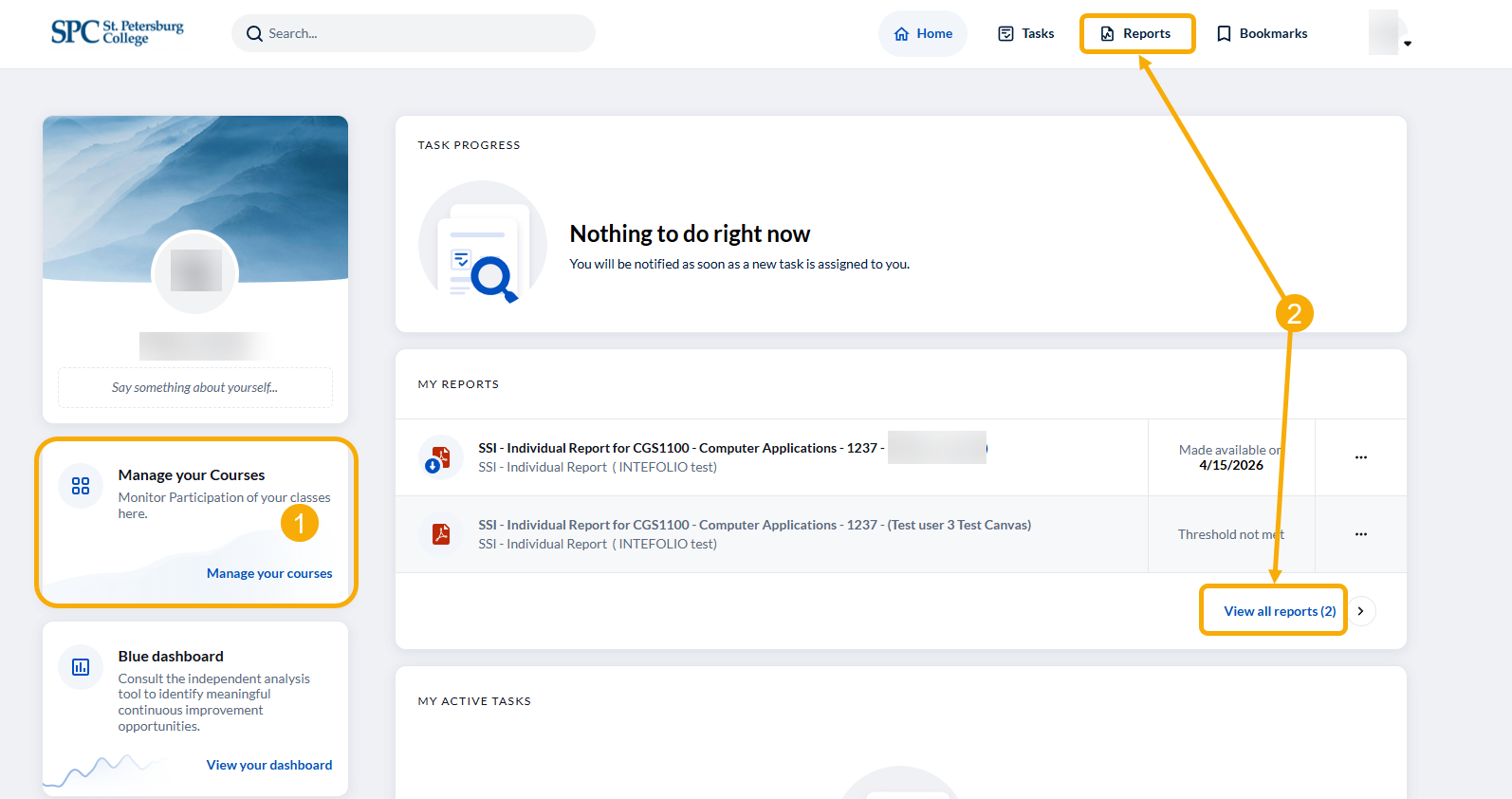 Screenshot of Blue, with manage your courses labeled 1, and Reports labeled 2