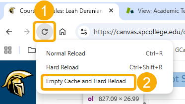 Go to the refresh button in your browser, but instead of just pressing it, press it and hold it down for several seconds (1), until a small menu pops up. Select "Empty Cache and Hard Reload" from that menu (2).