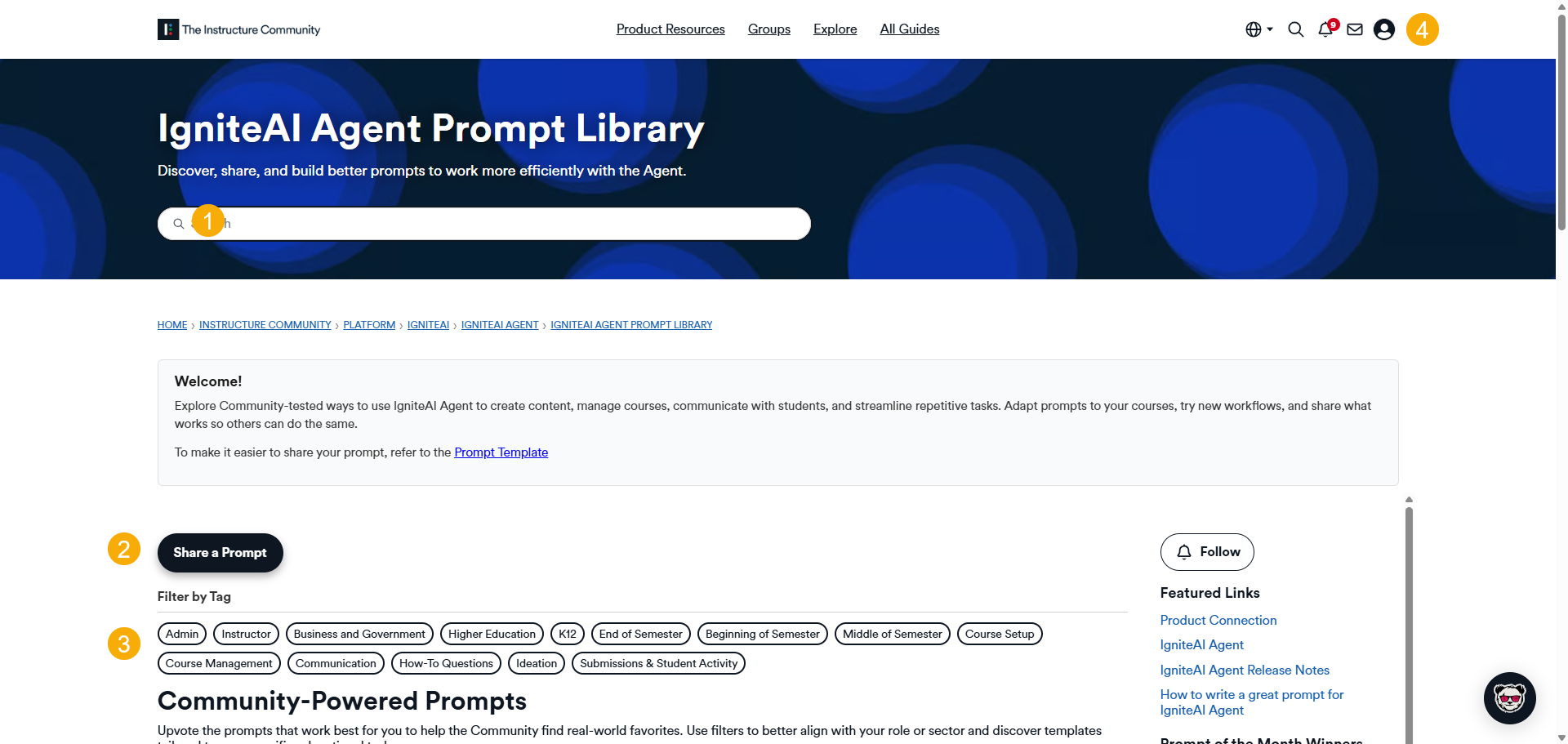 IgniteAI Agent Prompt Library, you can do a keyword search for prompts (1) or share a Prompt of your own (2). You can also filter by tag (3). If you sign in using your Canvas account (4), you can bookmark prompts you like