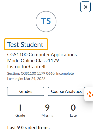 click Test Student (hyperlinked). 