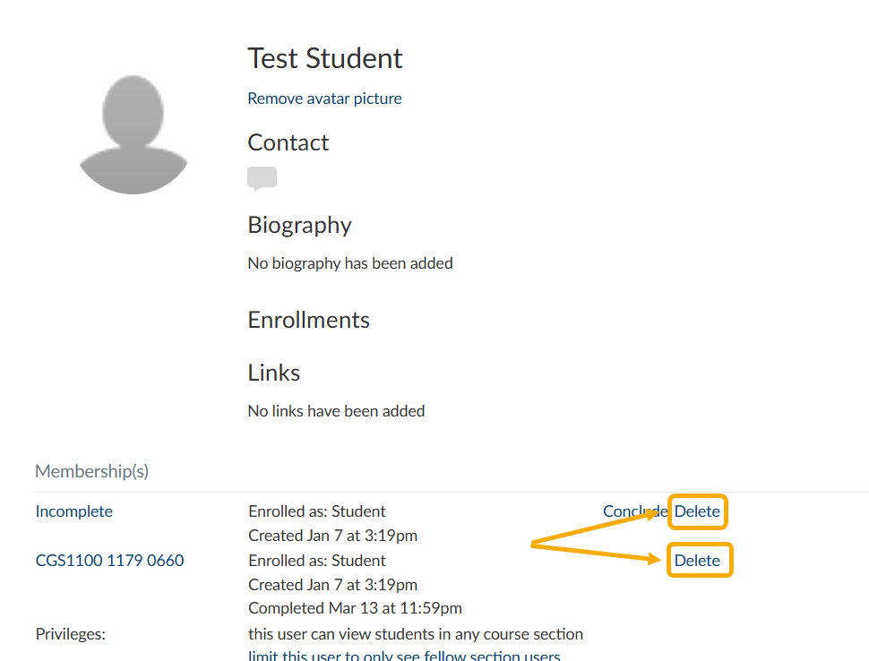 Delete the test student from both the Incomplete section and the regular section of your course. 