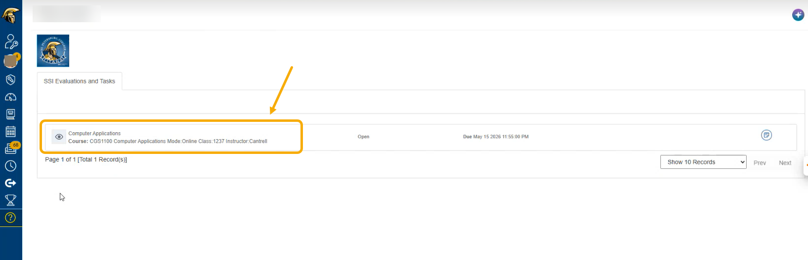 Click on a course in the SSI Evaluations and Tasks page to open it. 