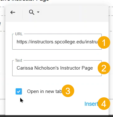 Paste your Instructor Page URL in the URL box (1). Confirm the text  for the link (2). Check the Open in new tab box (3). Select Insert (4). 