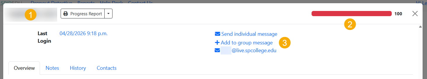Select a student to pull up their individual dashboard. At the top of the individual student view, you'll always see the student's name, risk index, and contact information. Below, there are 4 tabs: Overview, Notes, History and Contacts. 