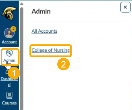 Once inside of Canvas, select the Admin button on the global navigation (1) and then select the subaccount you'd like to view in Dropout Detective (2). 