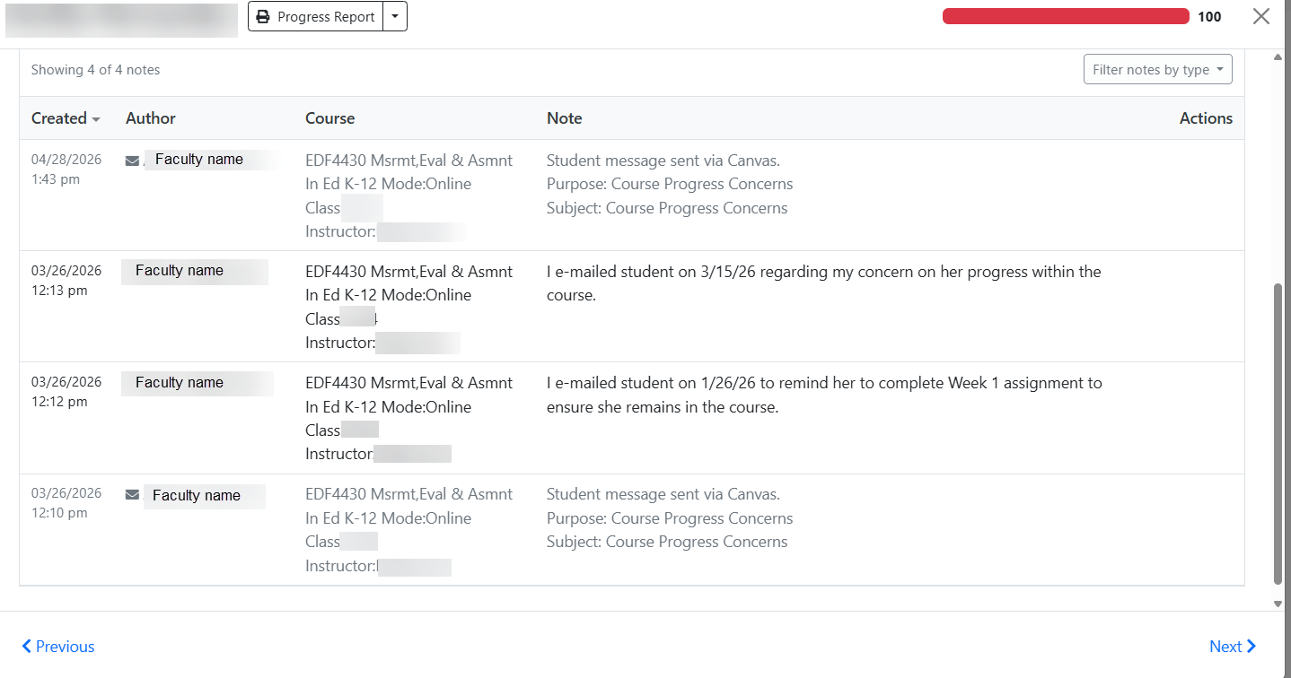 The Notes tab is where the documentation happens inside of Dropout Detective. Two kinds of communications show up here: Messages sent through Dropout Detective (from faculty), and notes written about other communication (emails, calls, etc). 