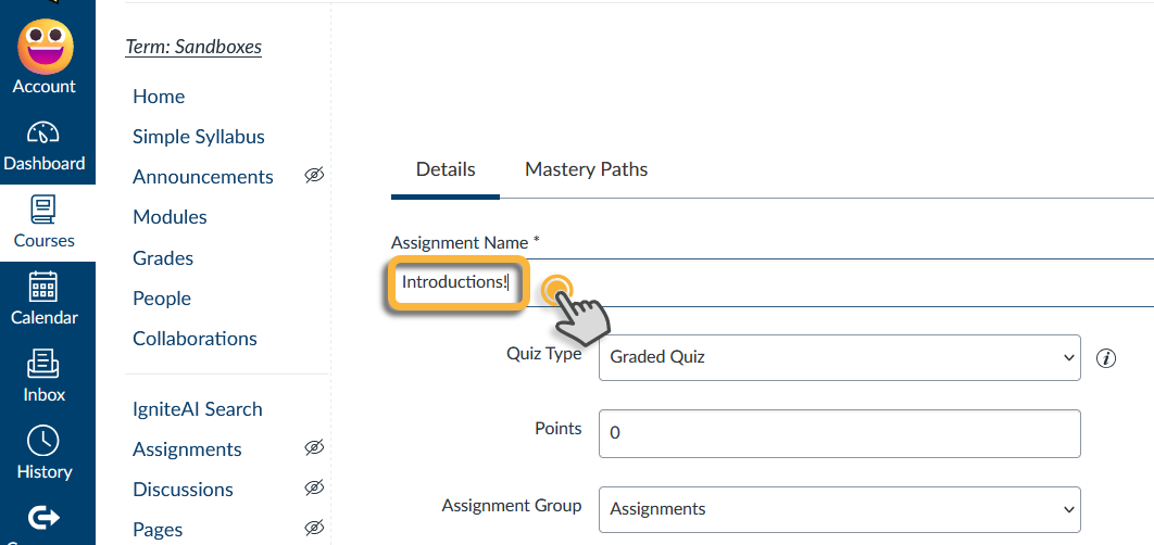 user selecting and naming assignment