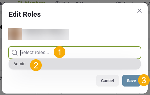 k inside the text box (1), select Admin (2), and select Save (3)