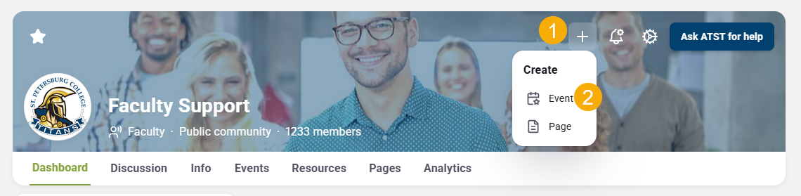 From the Community page, click the + in the banner (1) and select Event (2). 