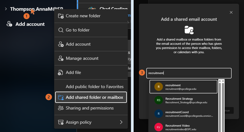 Image illustrating where to right click and select Add shared folder or mailbox.