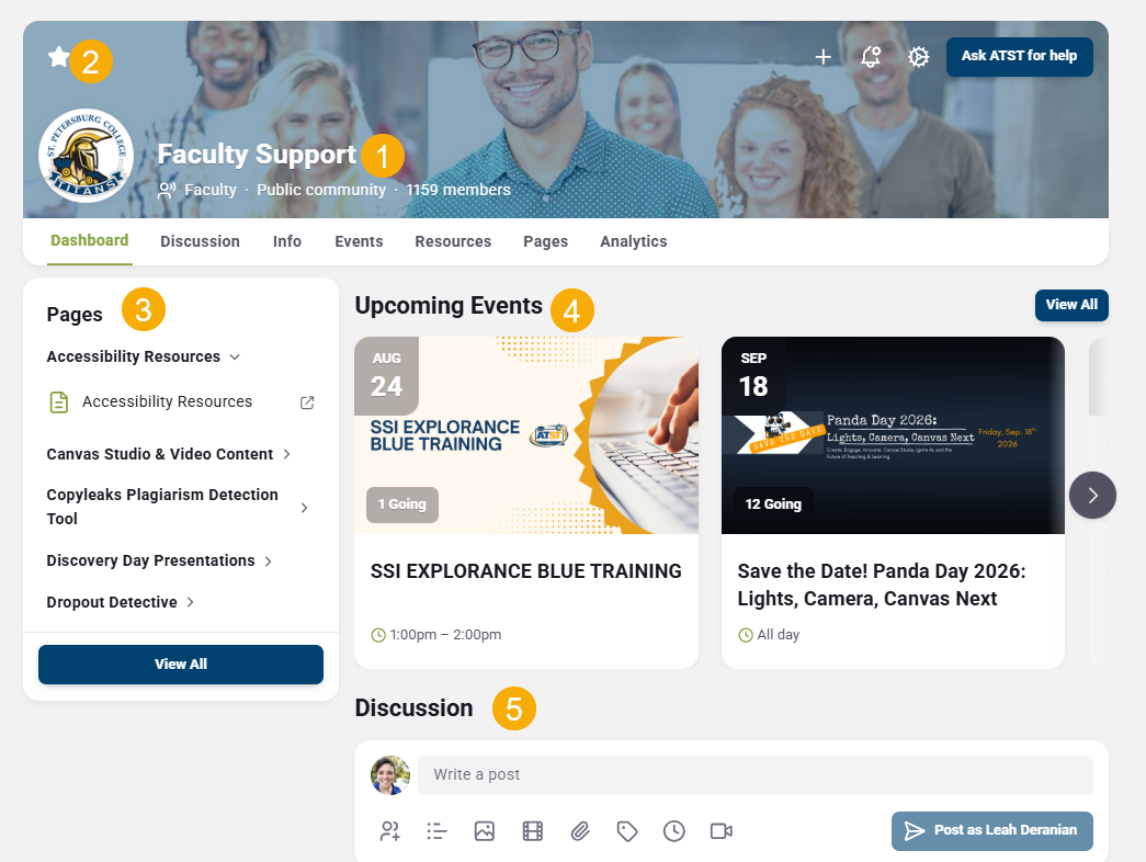The Faculty Support community in SPC's Titan Hub (1) serves as a central hub for academic technology support and resources. Make sure to press the star in the top left corner of the banner (2) to save it to your Titan Hub shortcuts!  Pages: Check pages (3) for help with specific content area or academic technology tool (such as Grading in Canvas, Student Incompletes, Dropout Detective, Zoom, or Panopto). Each page organizes related guides, articles, and resources in one place, making it easy to find the information you need without searching through multiple locations.  Events: Upcoming events are listed at the top of the group (4). Check weekly! RSVP to save events to your Outlook calendar.  Discussion: Check the Discussion (3) to see live updates from the ATST and IDEAS teams. 