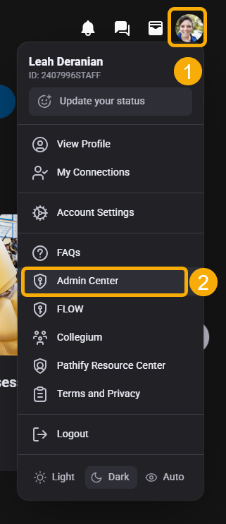 click profile on top right corner of window, select admin center