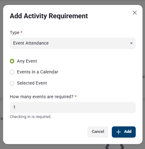 shows window for "Add Activity Requirement"