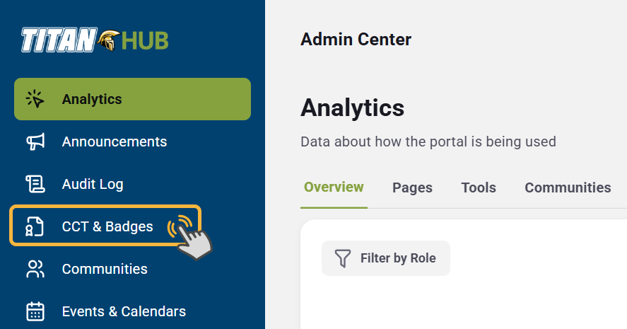 shows user selecting "CCT & Badges" option on left hand global navigation