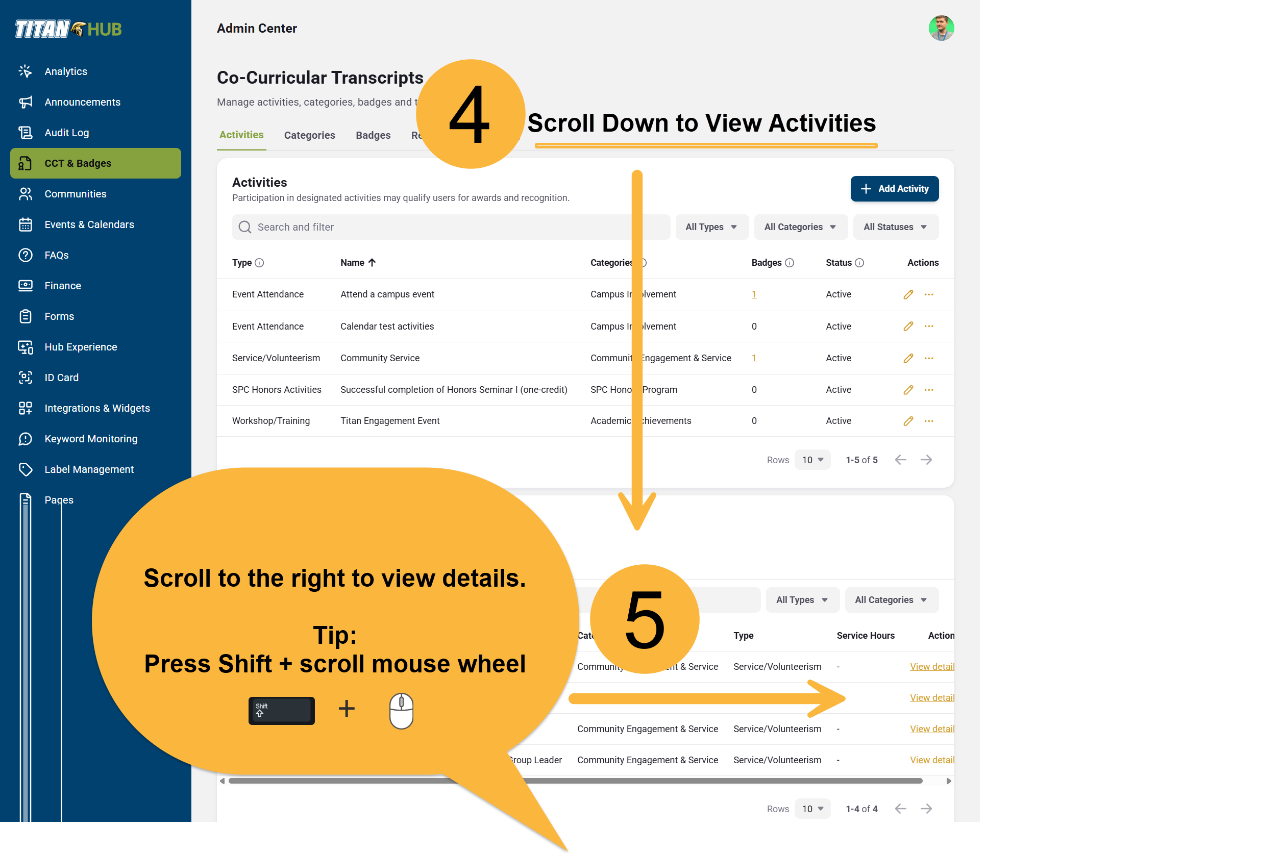 shows steps 4 and 5 on Co-Curricular Transcript page. Select "View Details"
