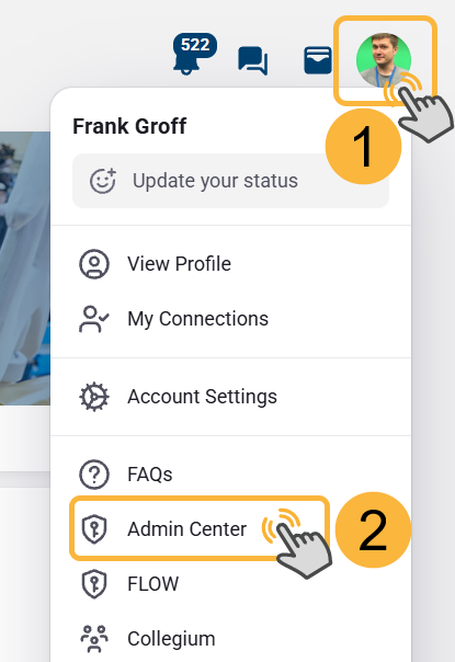 shows user selecting profile (1) and selecting Admin Center (2)