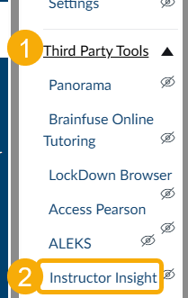 To access Instructor Insight for a live course, navigate to your course navigation, locate the Third Party Tools menu (1) and select Instructor Insight from that menu (2).