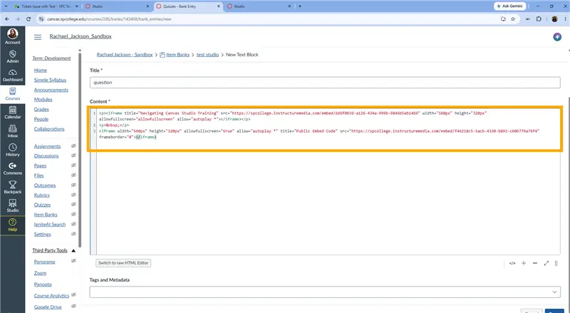  If you want to add more than one video, click enter to create the next line in the text box.&nbsp;Or type <p>&nbsp;</p> to add a line in the HTML code. Then paste your next video embed code.