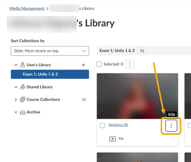 screenshot of a user's studio library, with the three dots next to a video circled