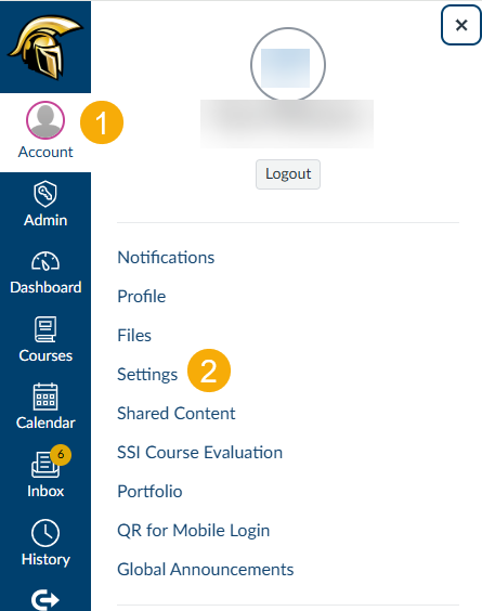 In the left navigation, click Account (1), then click Settings (2).