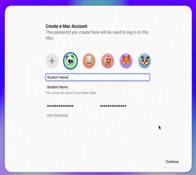 Step 6, account screenshot: macOS Create a Mac Account screen with fields for full name, account name, and password.