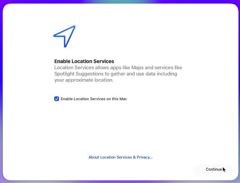 Step 7, Location Services screenshot: macOS Enable Location Services screen with the Enable Location Services on this Mac checkbox checked.