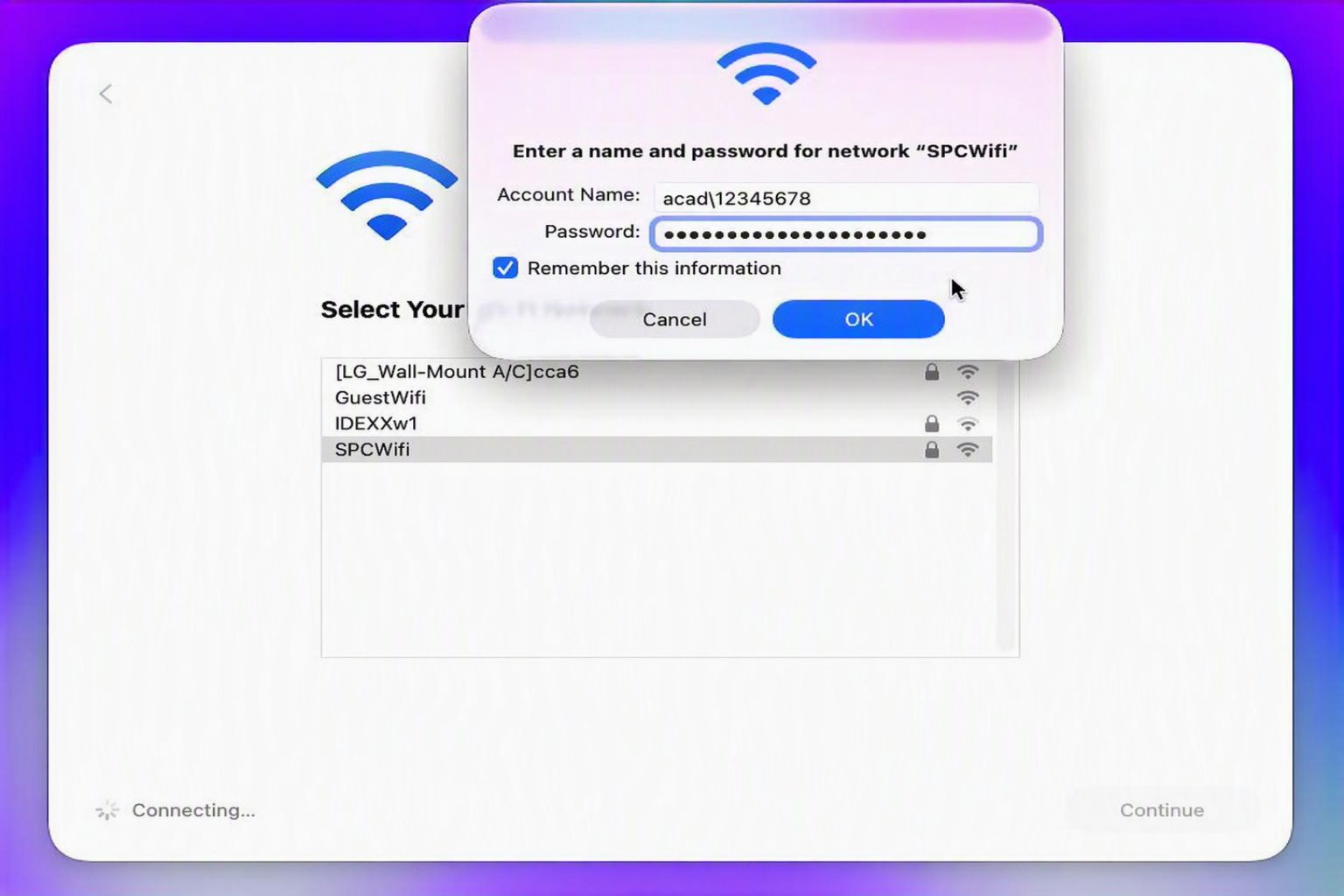 Step 3, Wi-Fi screenshot: macOS Wi-Fi setup screen with a pop-up asking for the account name and password for the SPCWifi network.