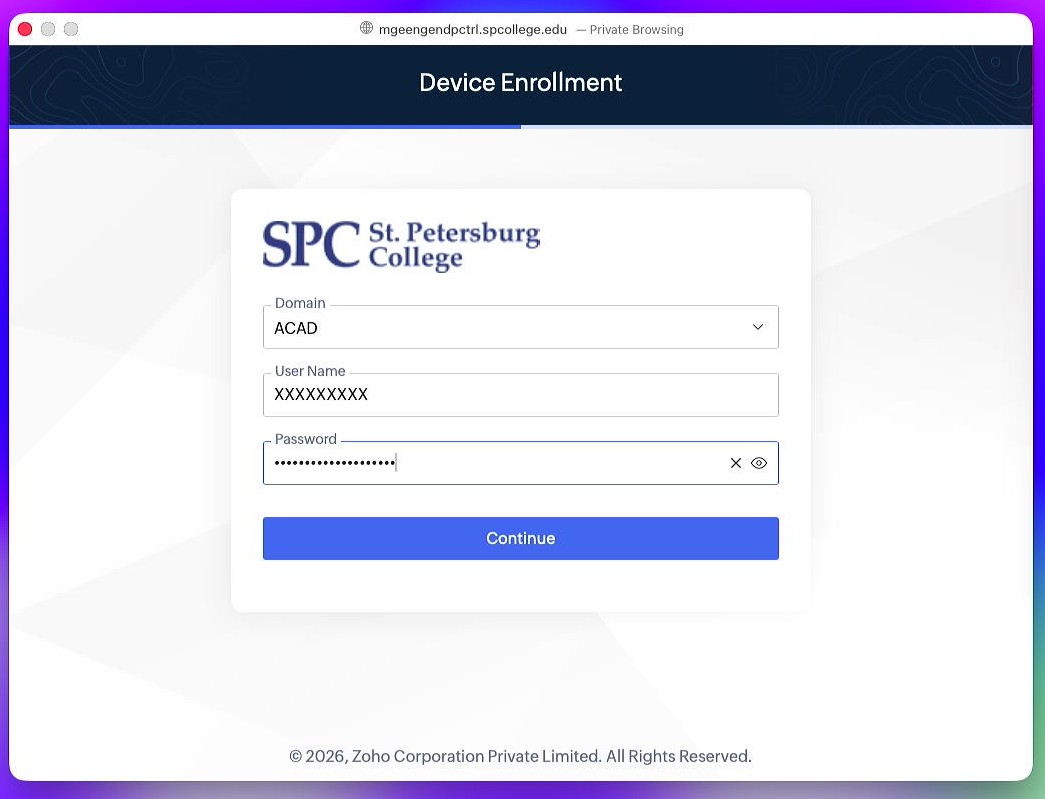 Step 5, login screenshot: St. Petersburg College Device Enrollment sign-in page with Domain, User Name, and Password fields and a Continue button.