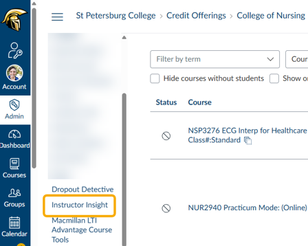 instructor insight circled on the admin menu in Canvas